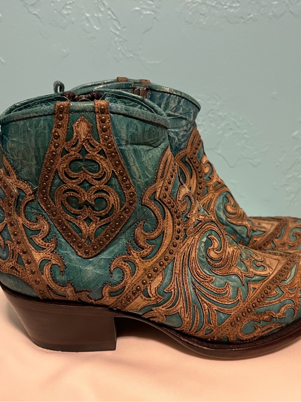 Corral Turquoise & Brown Western Embroidered Ankle Booties - Women - Picture 4 of 5